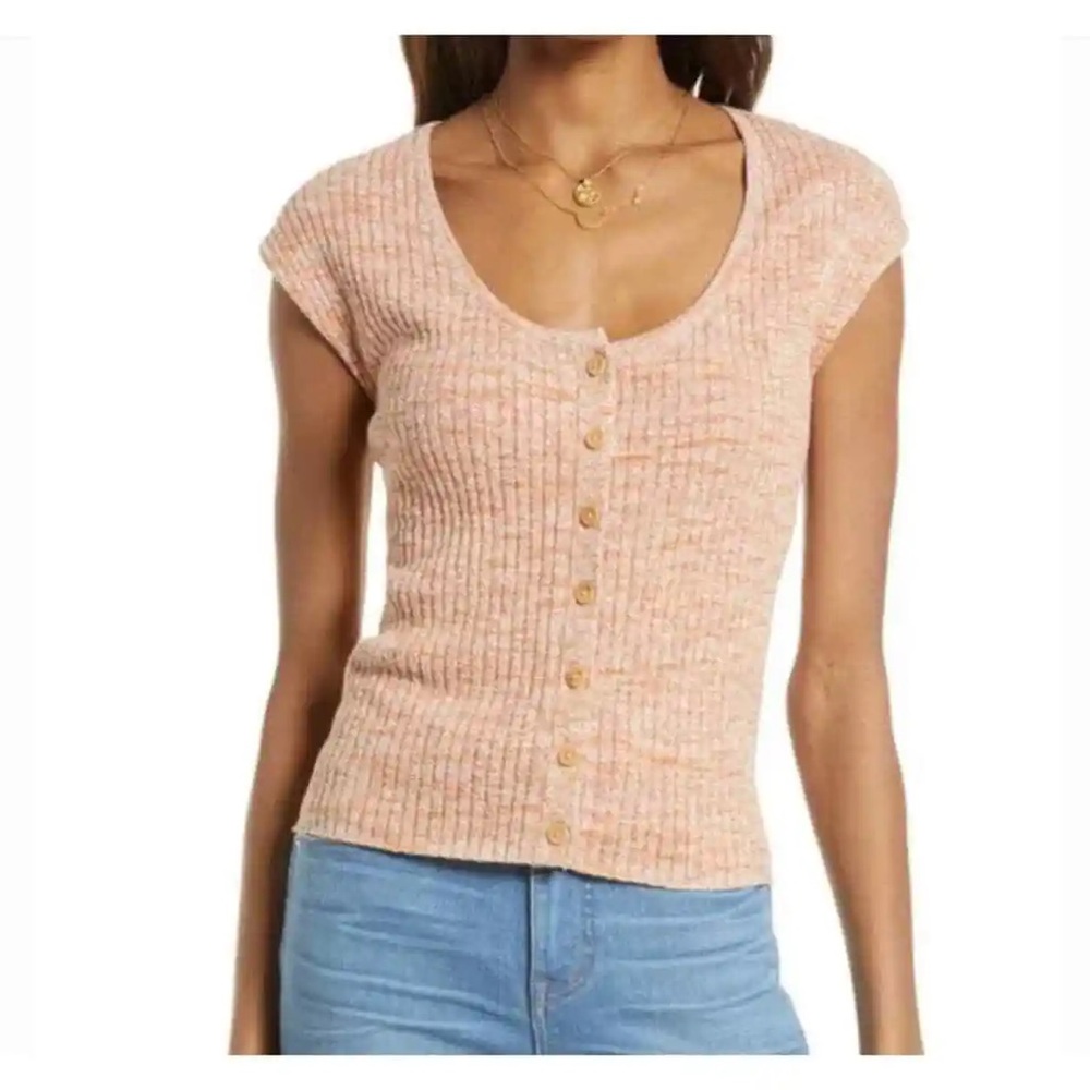 Madewell Marled Shaw Button Front Orange Stretch Sweater Tee Womens XS